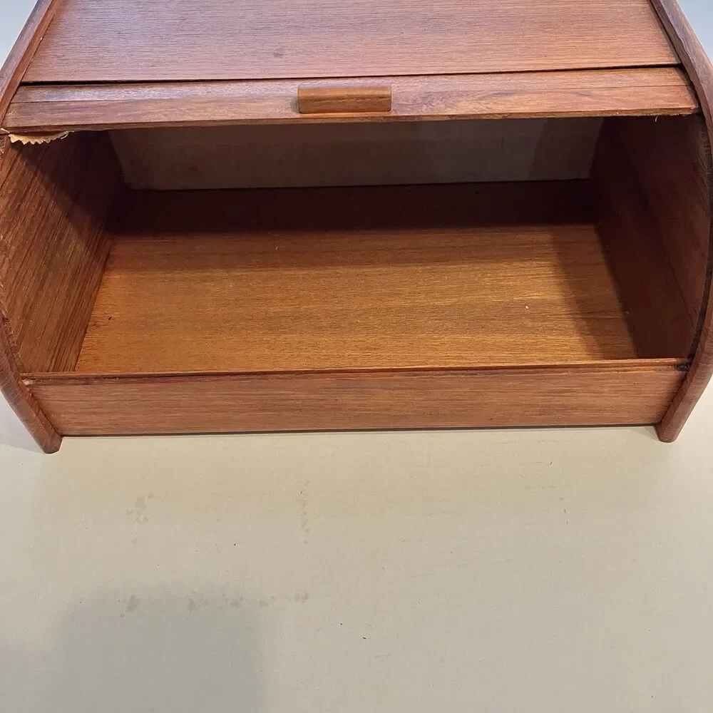 Vintage MCM Teak Tambour Wooden Roll Top Bread Box Baker Heart Stuart